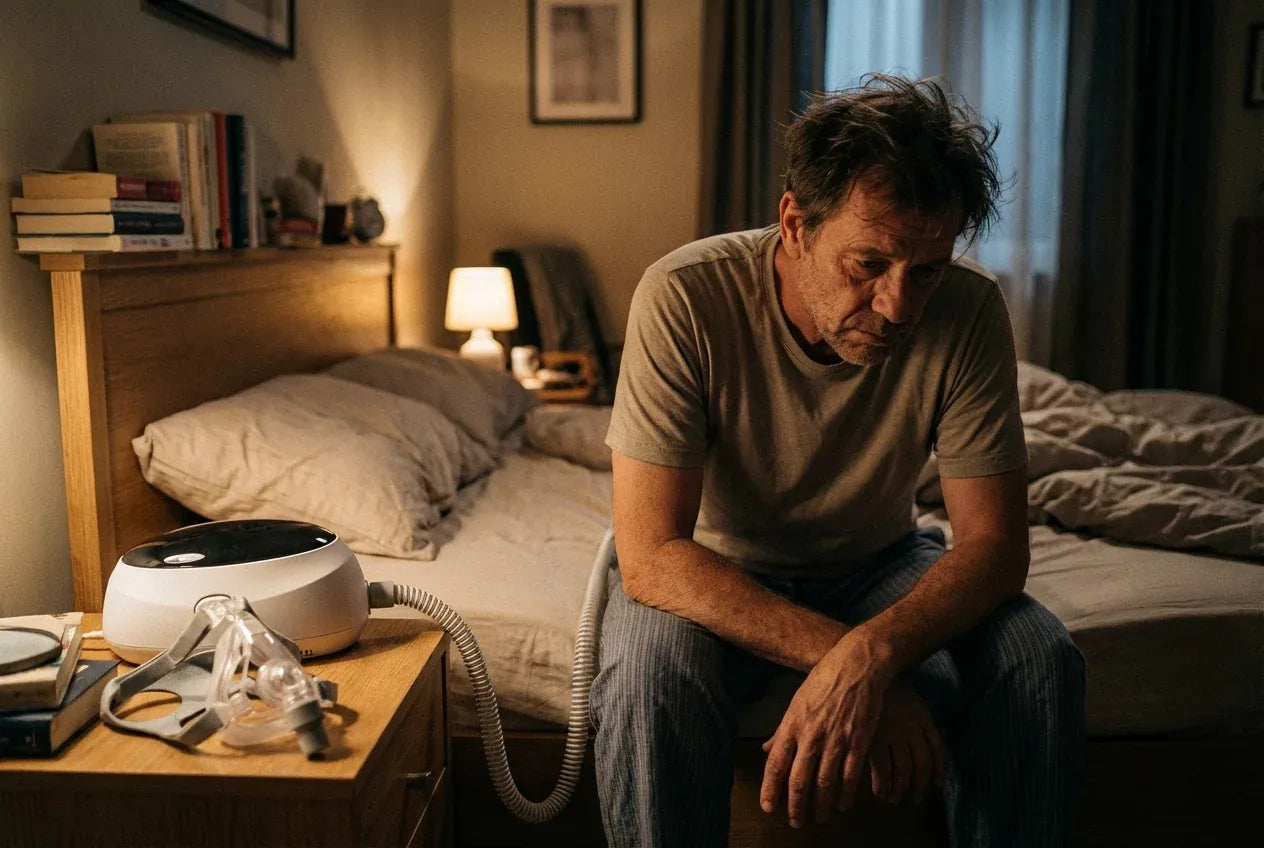 Man sitting tired on a bed next to a CPAP machine