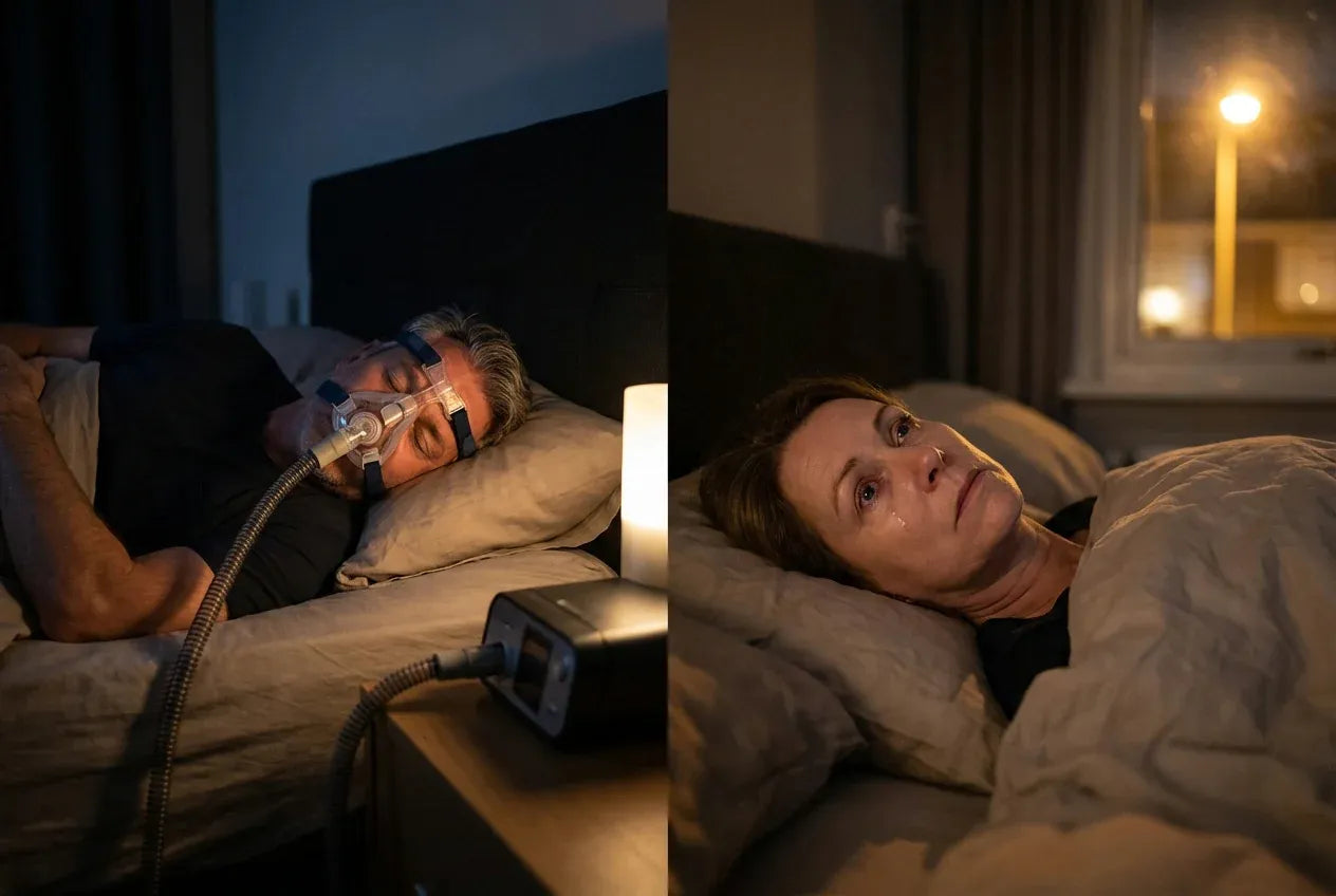 Man using CPAP while partner lies awake at night