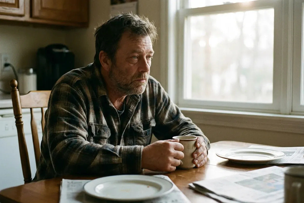 Tired man sitting alone at a kitchen table in the morning